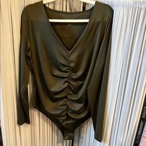 Olive Green Long Sleeve Ruched Bodysuit